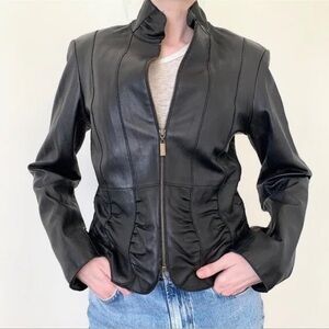 Marvin Richards Genuine Leather Moto Jacket Black Ruched Waist Woman's Medium